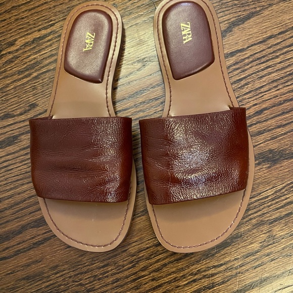 Zara Women's Rich Brown Faux Leather Slide Sandals - Picture 1 of 3